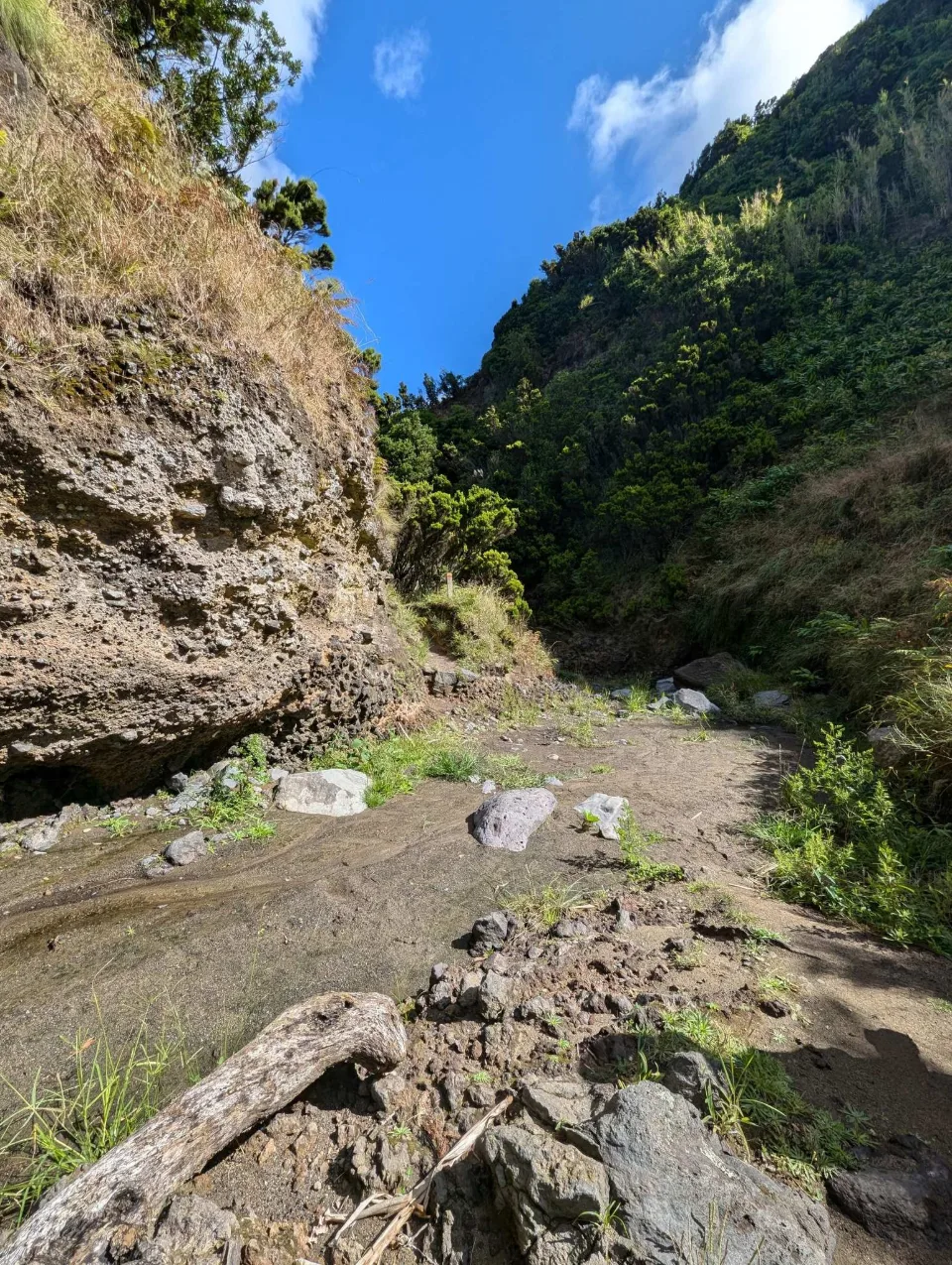 A dry streambed between rock walls