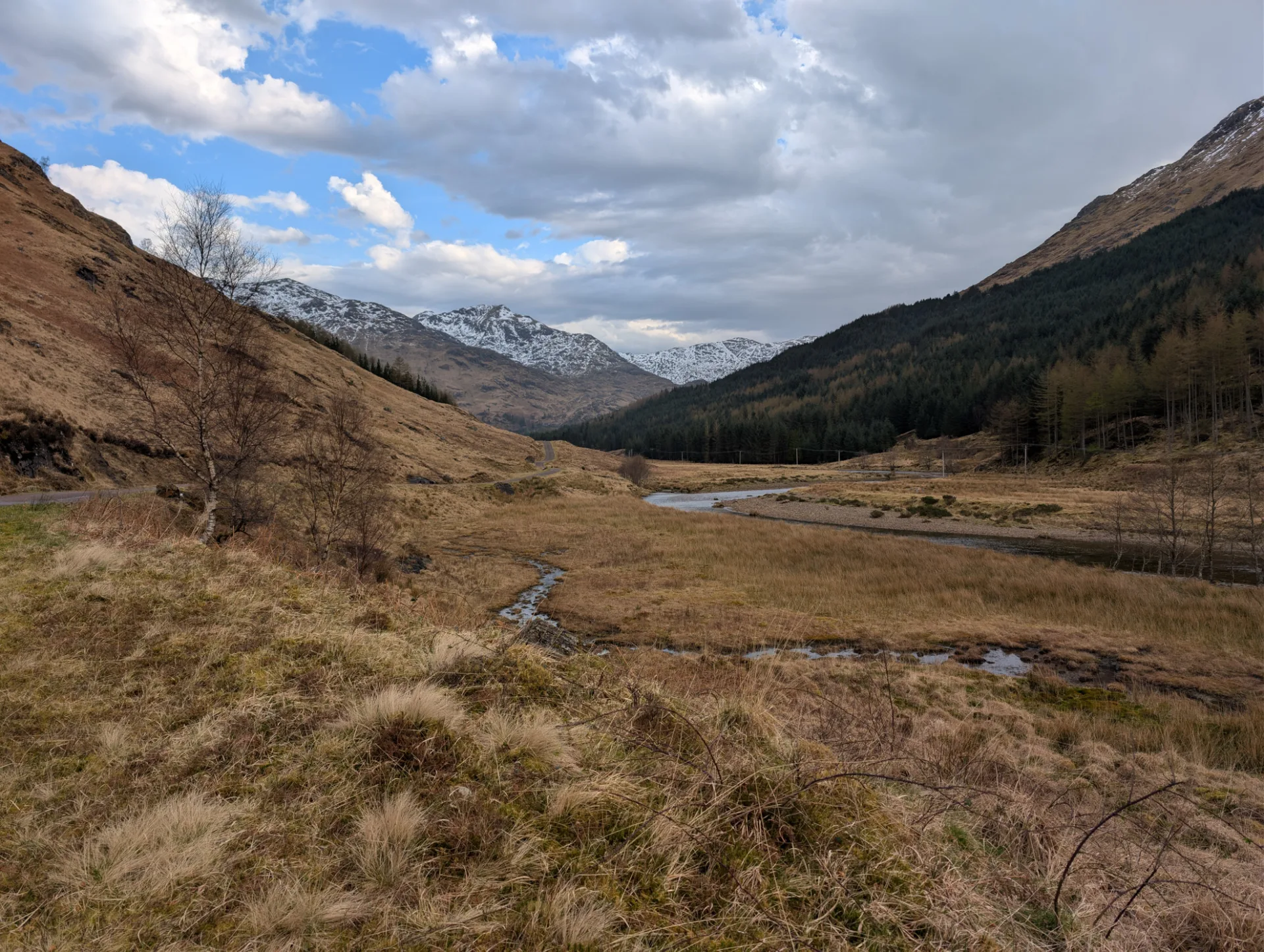 Glenfinnan valley with the first snow-capped peaks in the distance