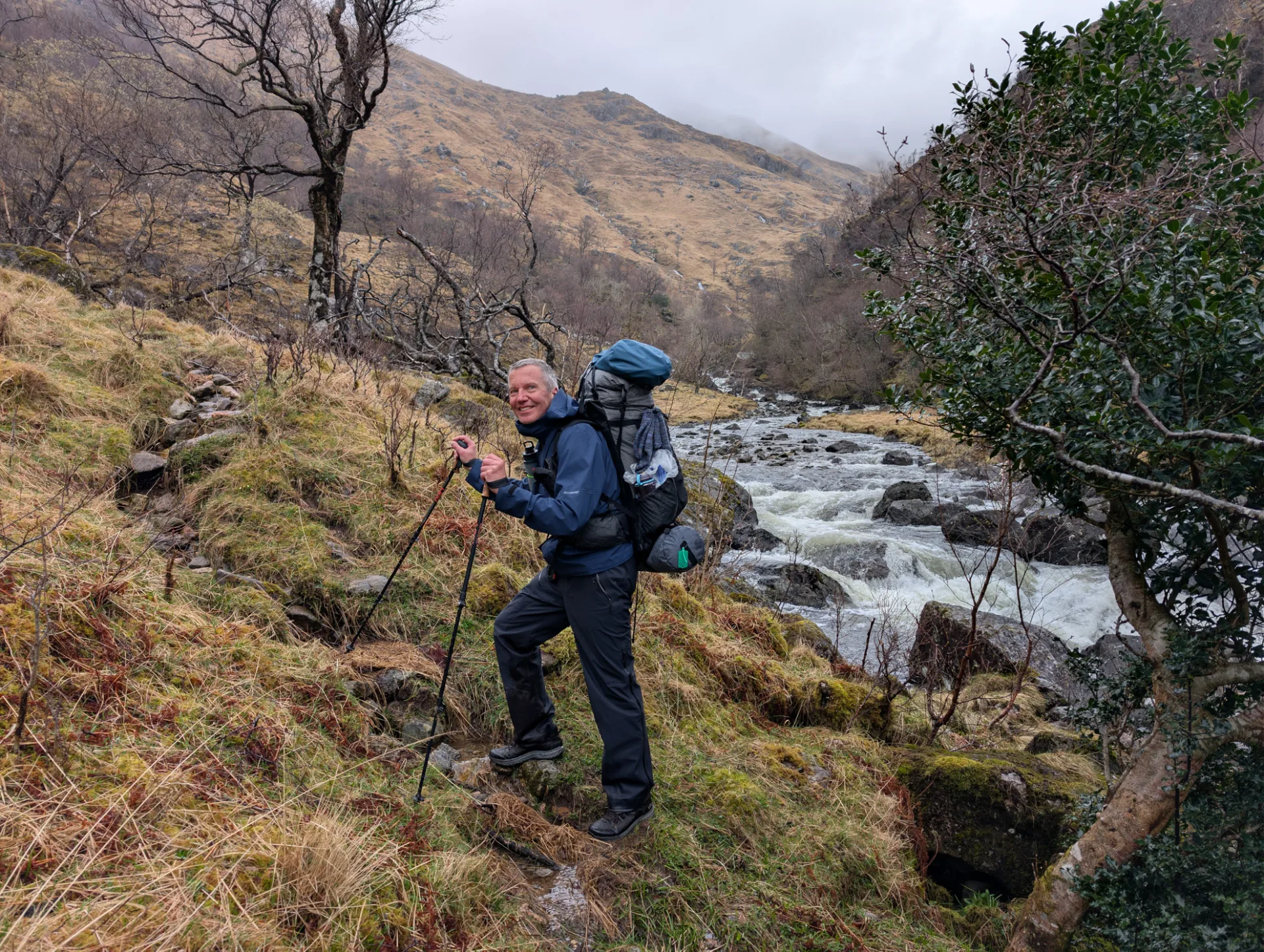 Heading into the Rough Bounds — fully packed, poles in hand