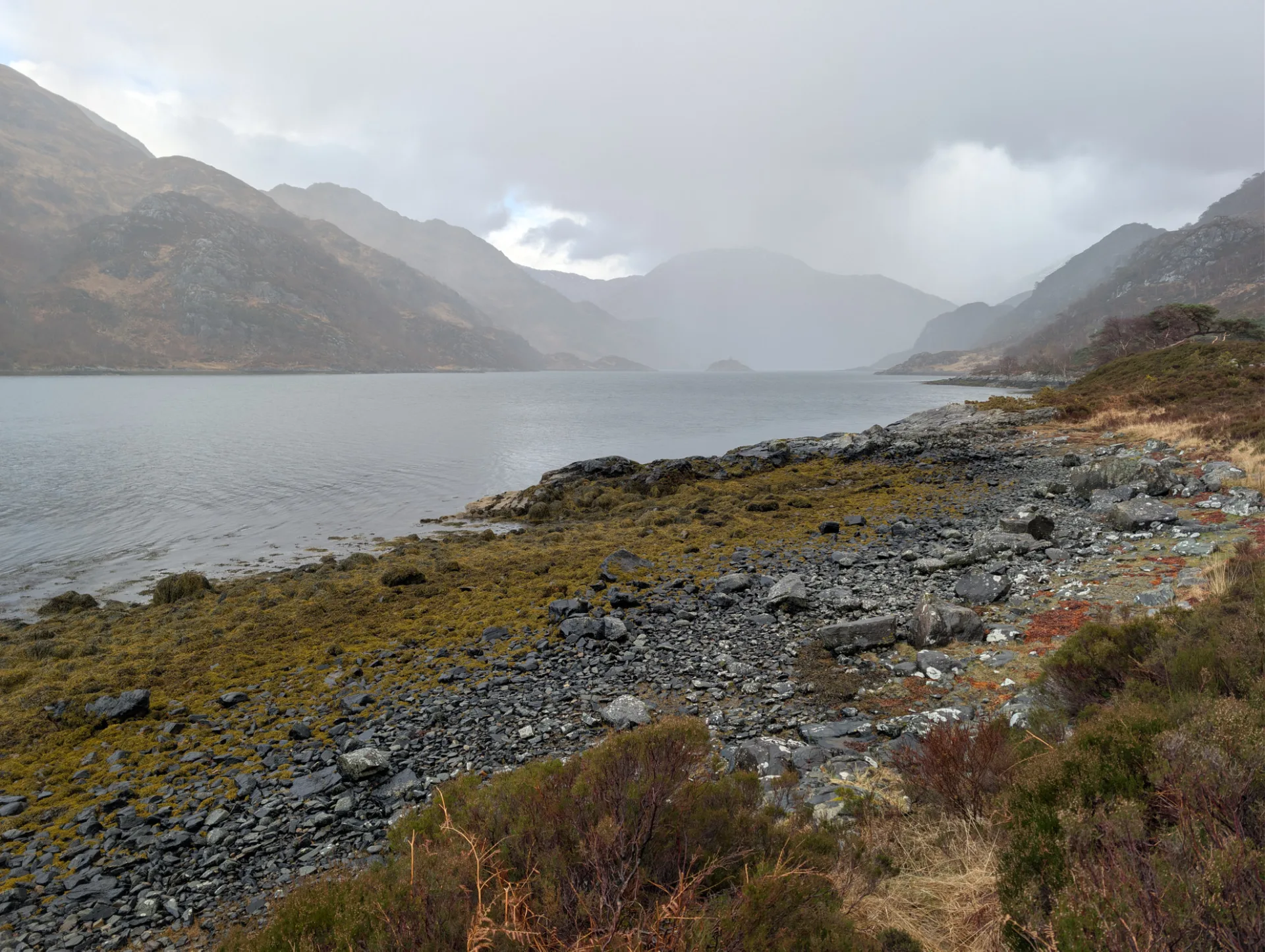 Loch shore under dark clouds