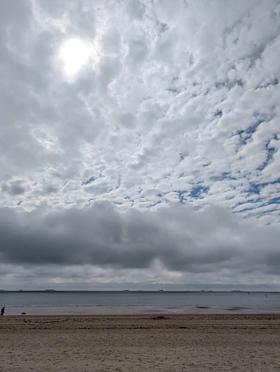 Space and sky on Wyk's south beach — a lone walker with a dog at the edge of the ebbing tide.