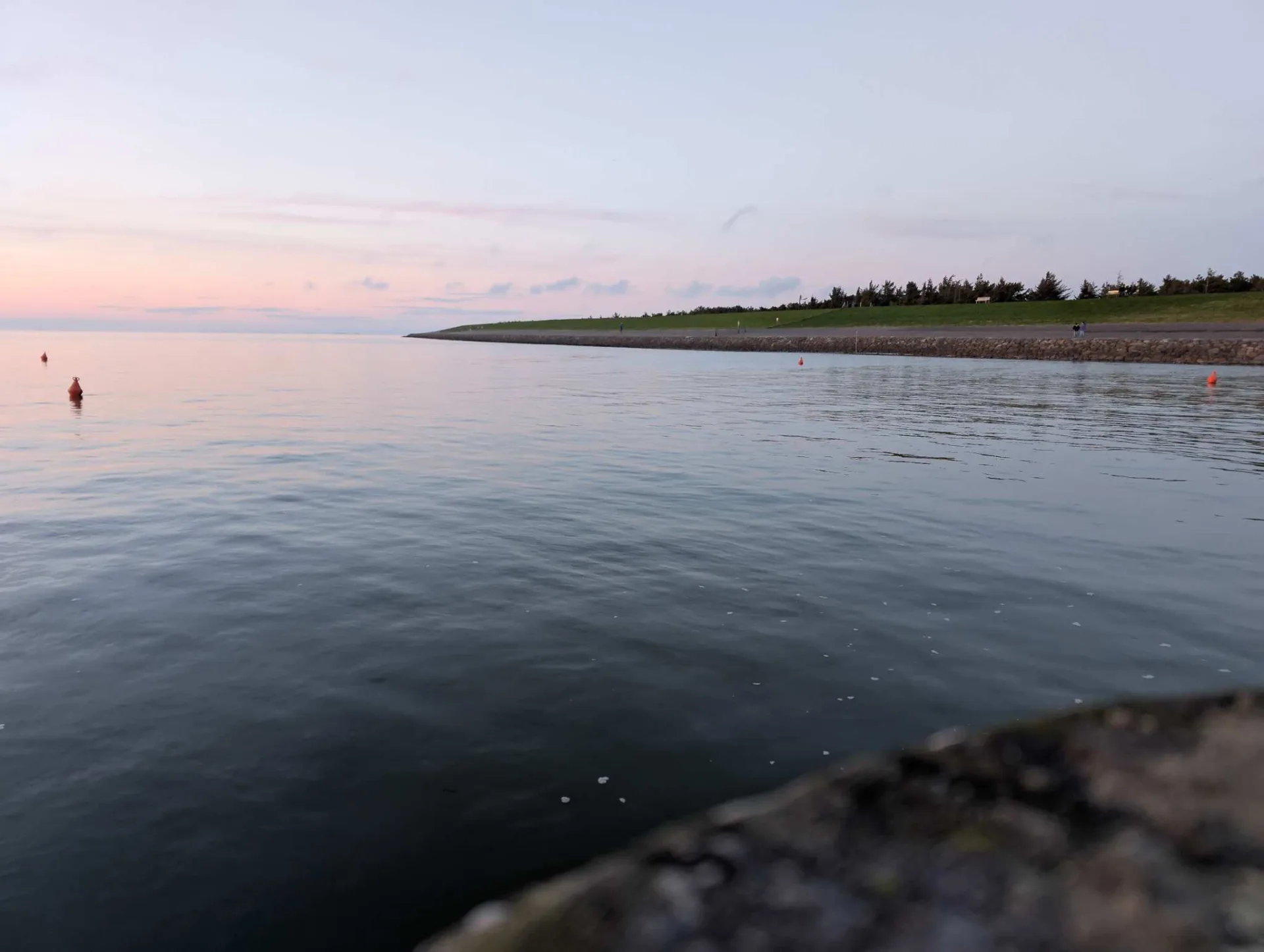 Stillness after sunset: a pastel sky over the water, the tree-lined dyke beyond.