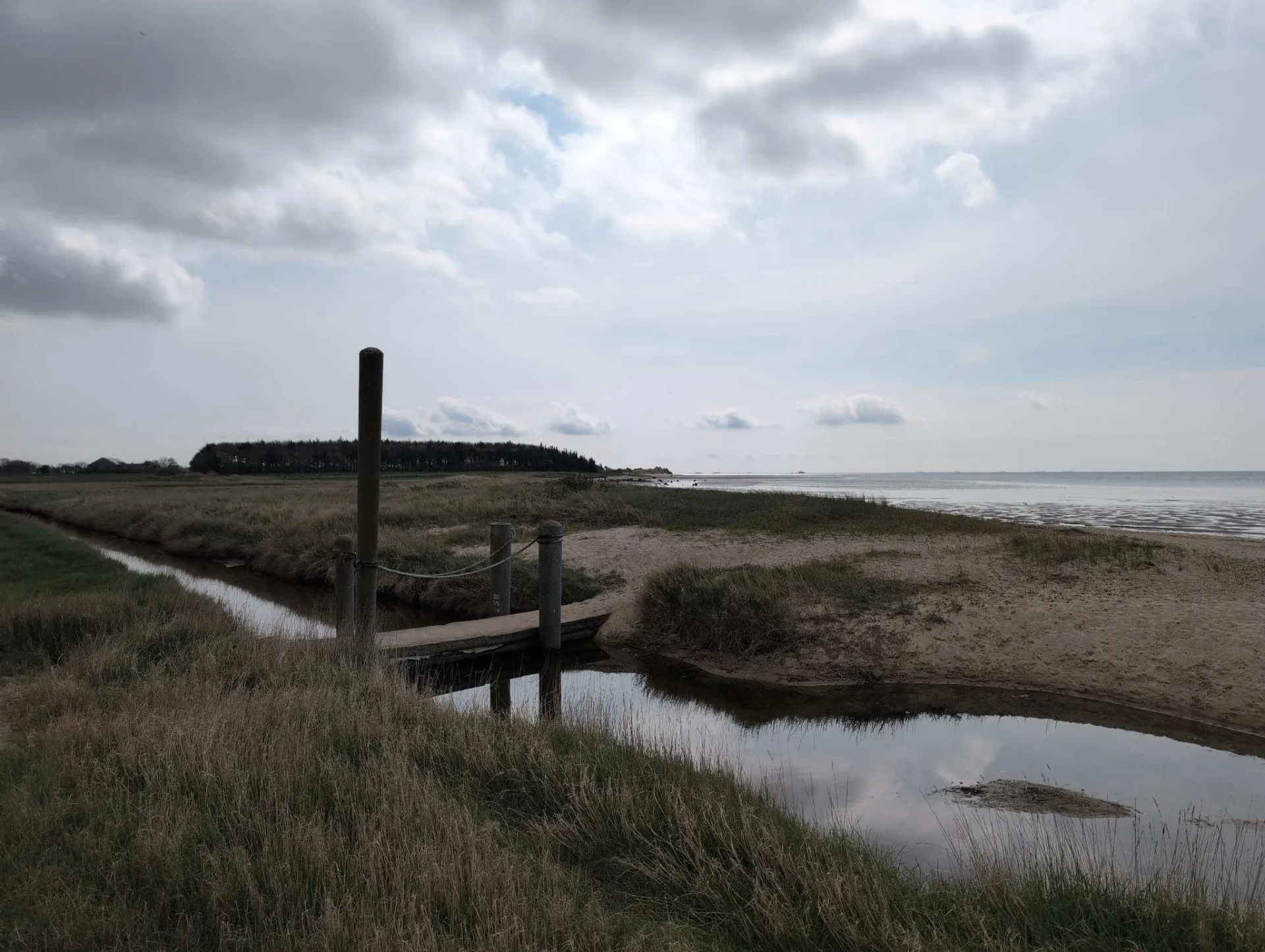Where the Godel marsh meets the mudflats: a tidal creek, a narrow plank bridge, wide salt meadows.