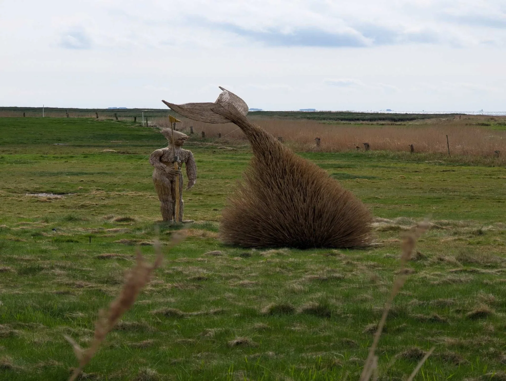 Land art in the Godel salt meadows: a diving whale woven from reed, a figure beside it — fitting for Föhr, the old whalers' island.