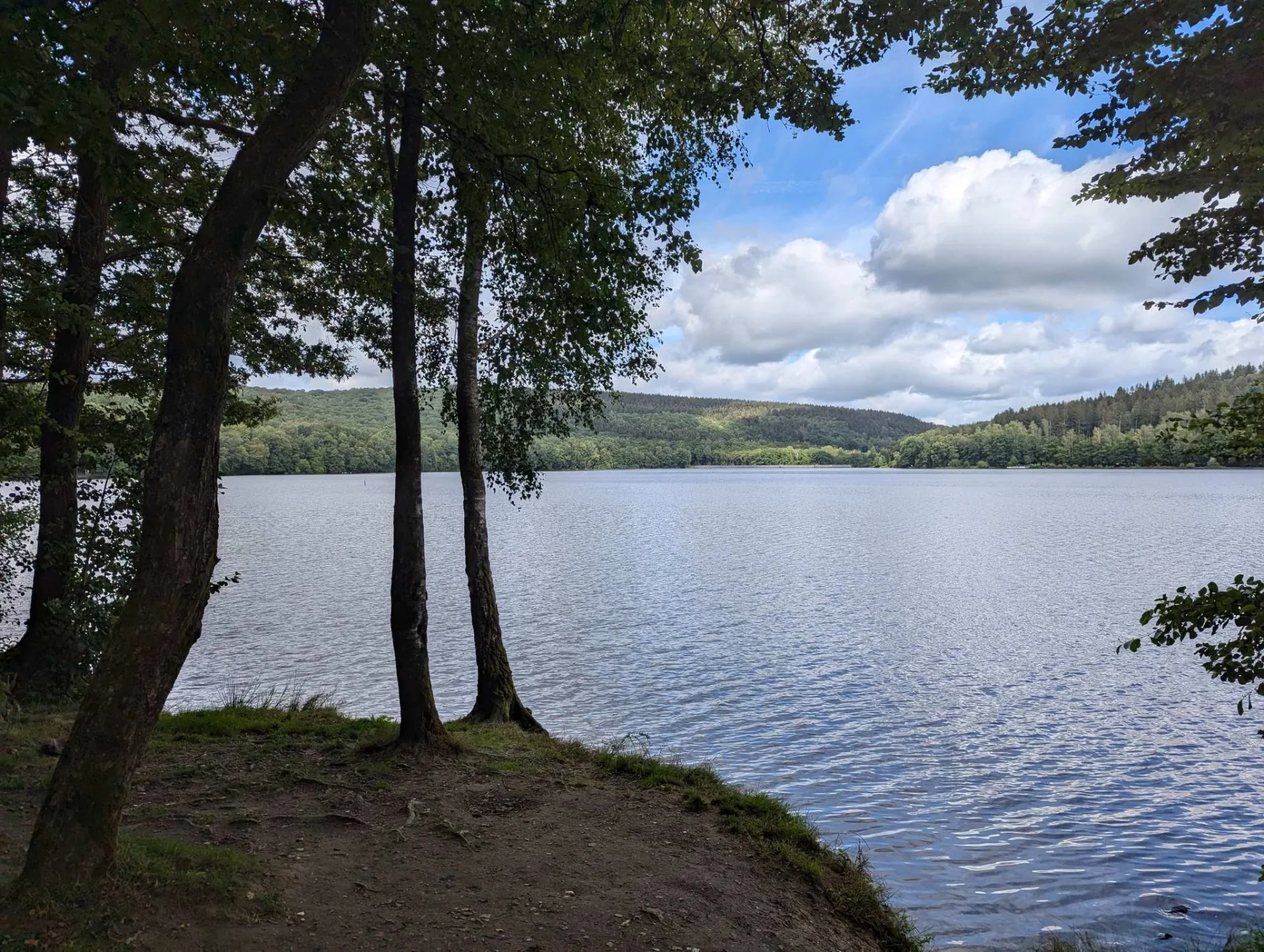 A sunny morning by the lake, clouds drifting over the wooded hills.