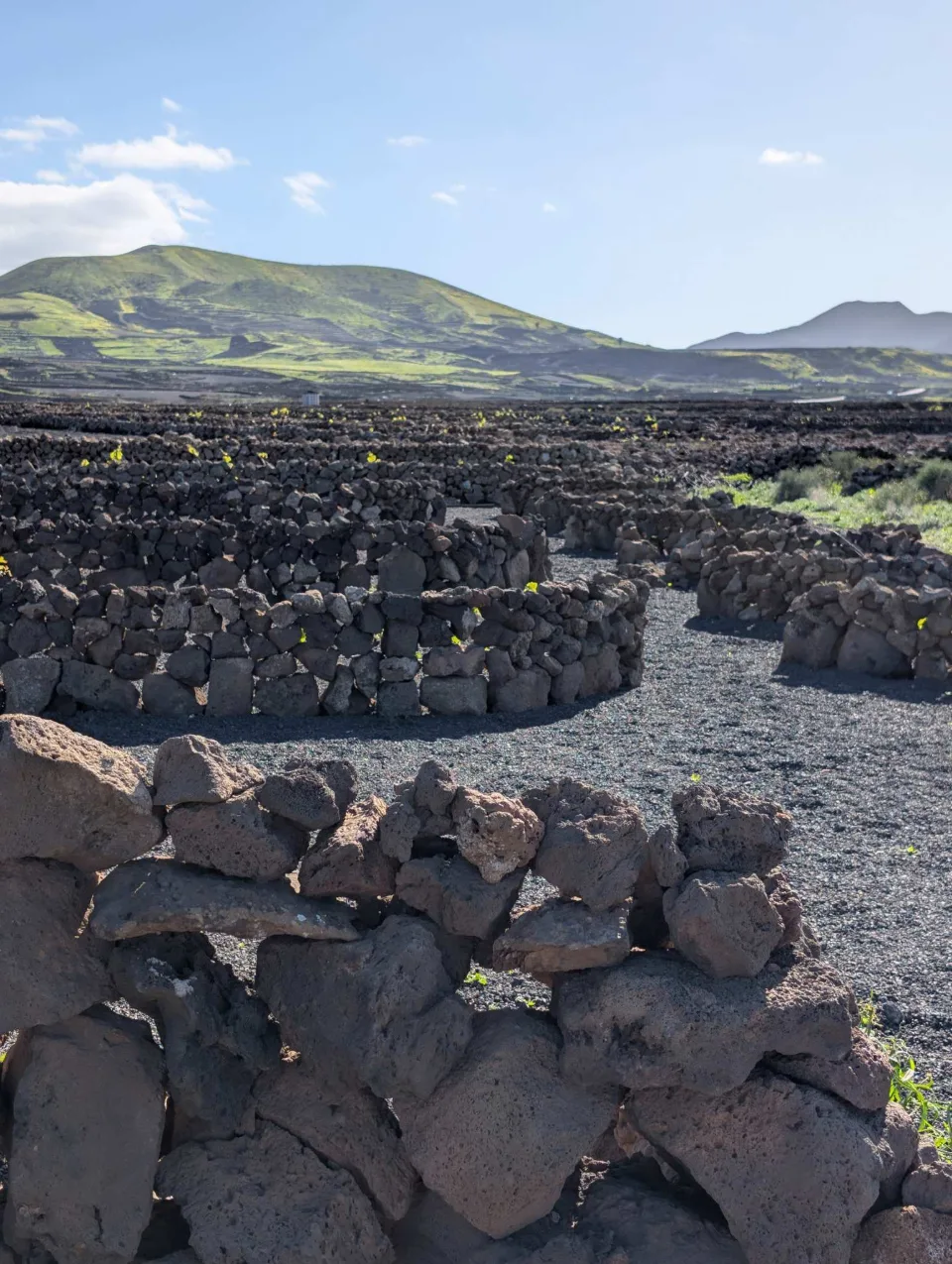 Black lava boulders by the path, a white village beyond against the hills.