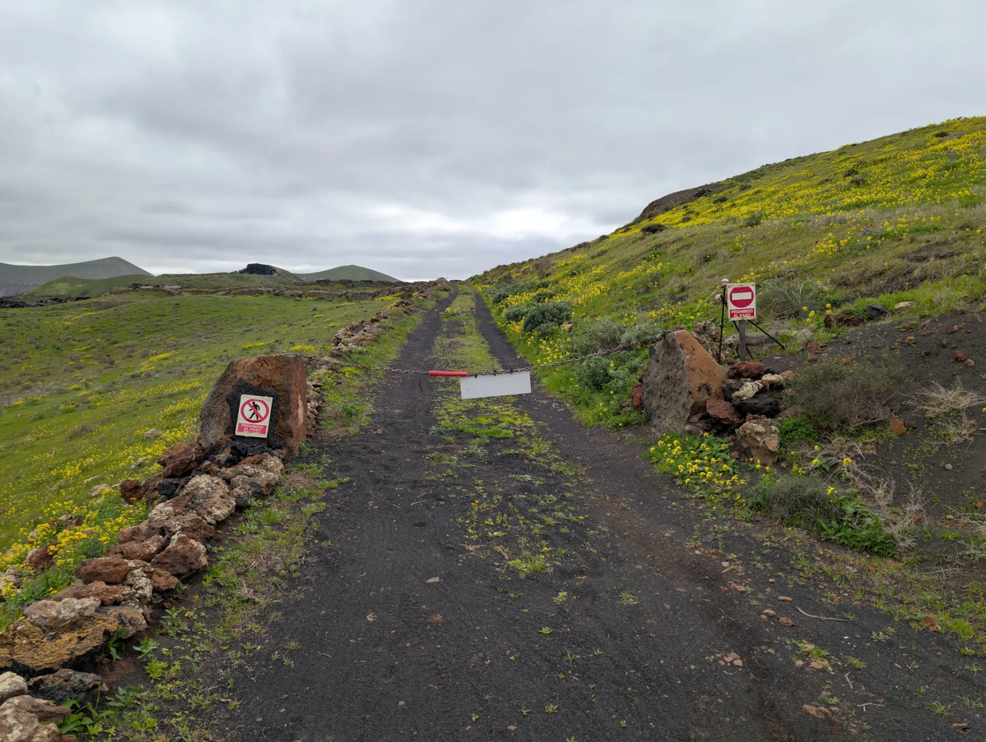 A signpost on the gravel track through green hill country.