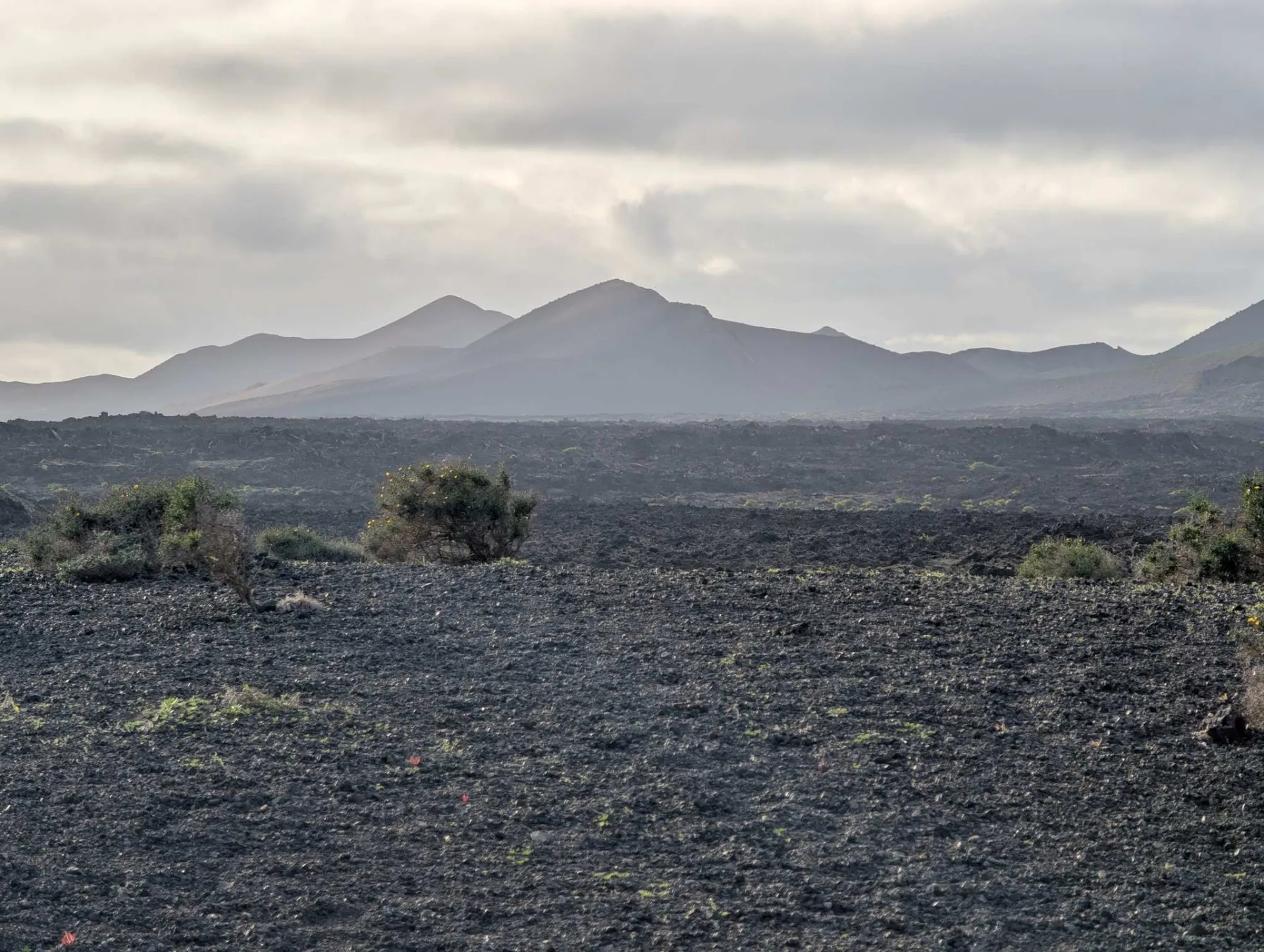 A wide, dark lava plain with the fire mountains on the horizon.