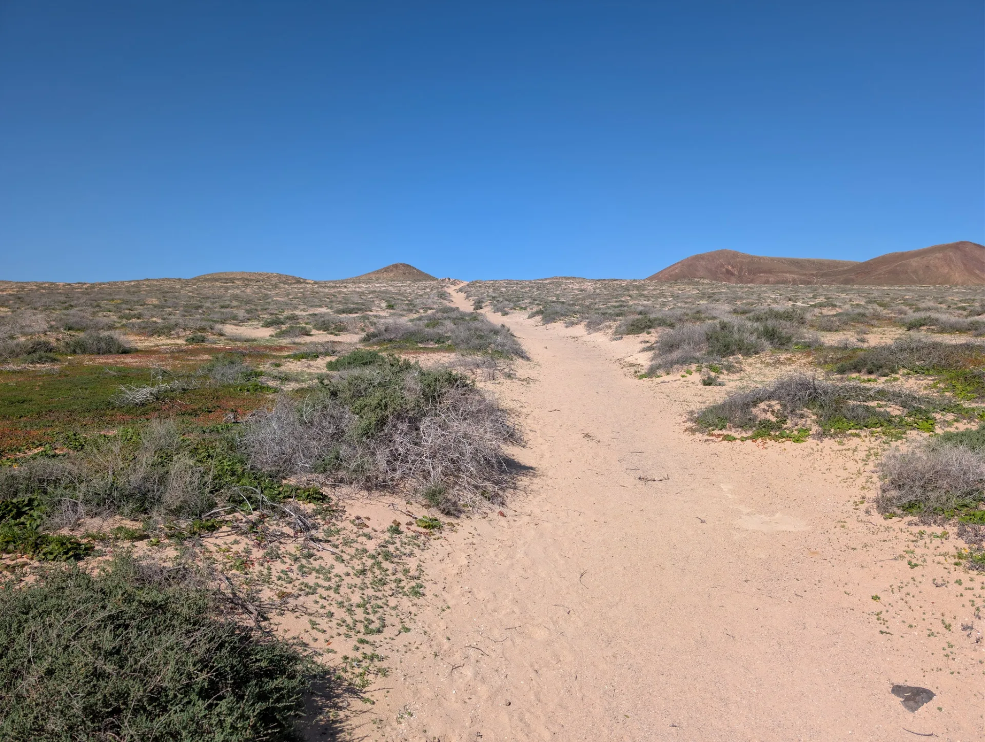 A sandy track crosses La Graciosa under a wide sky.