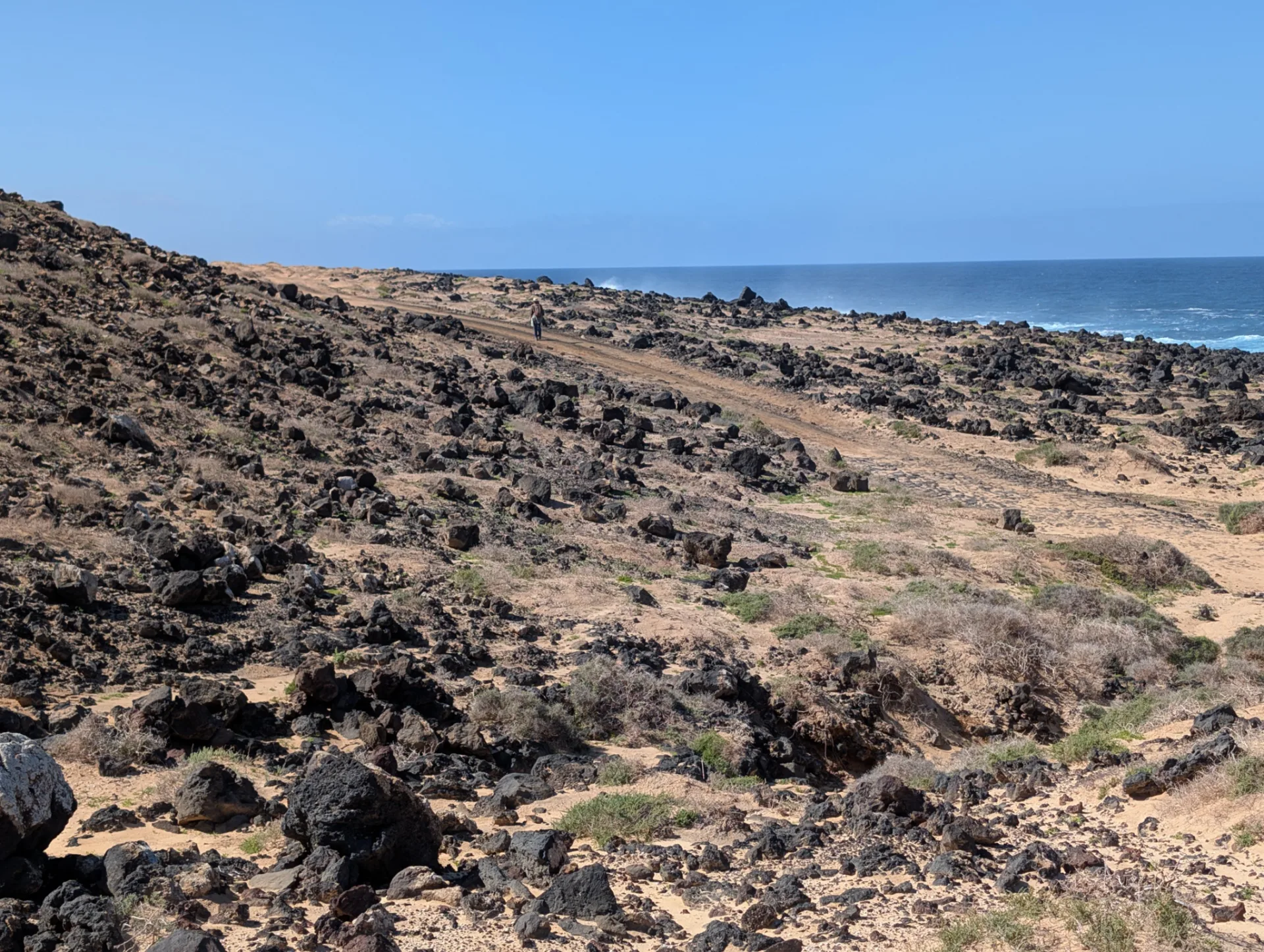 Volcanic rock on La Graciosa, with Lanzarote's cliffs behind.
