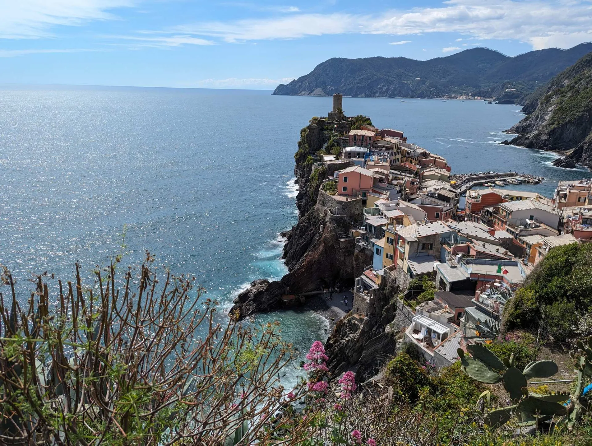 Vernazza and its coastal watchtower above the Ligurian Sea