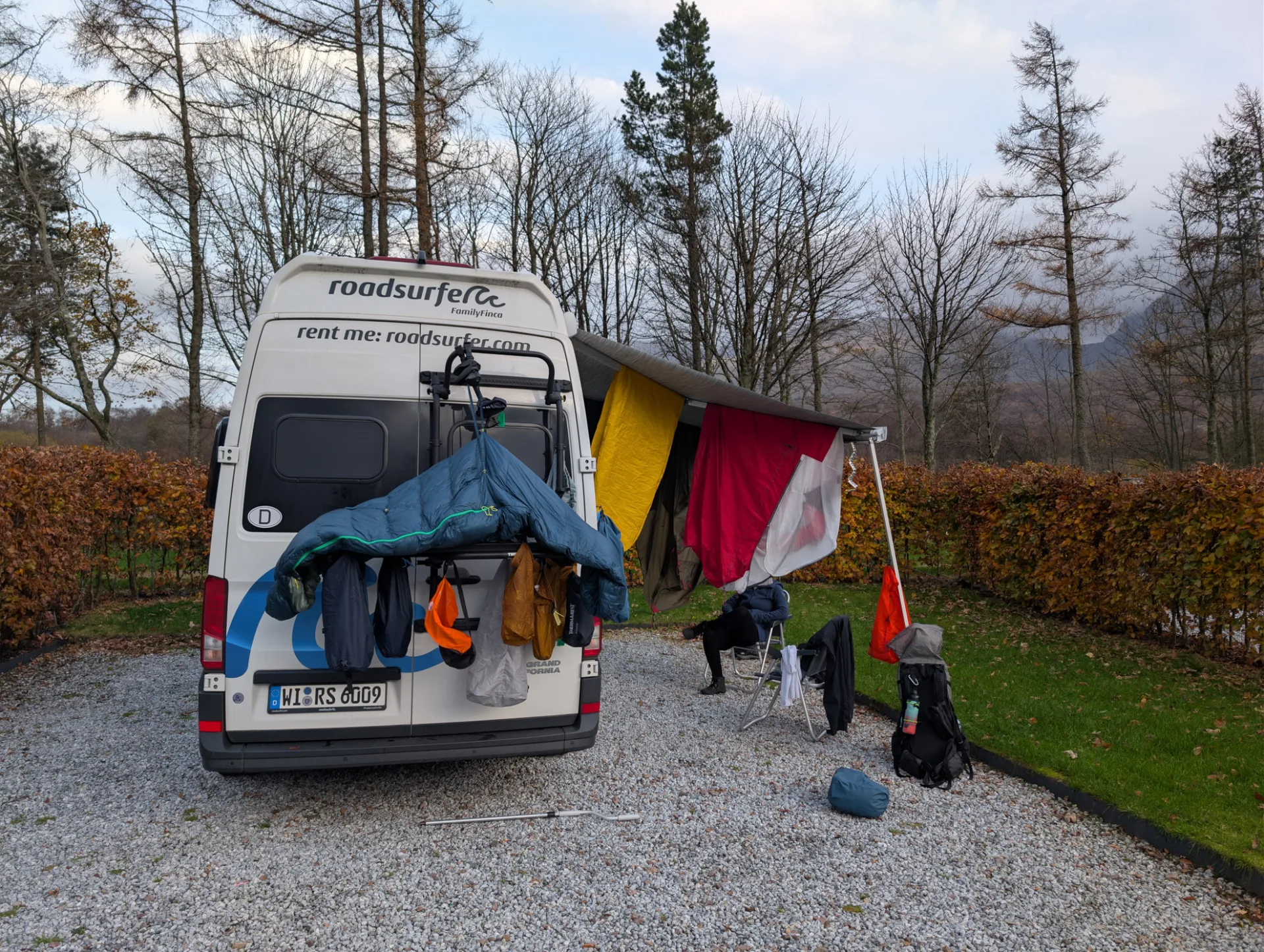 Back at the camper, everything wet hanging from the awning to dry